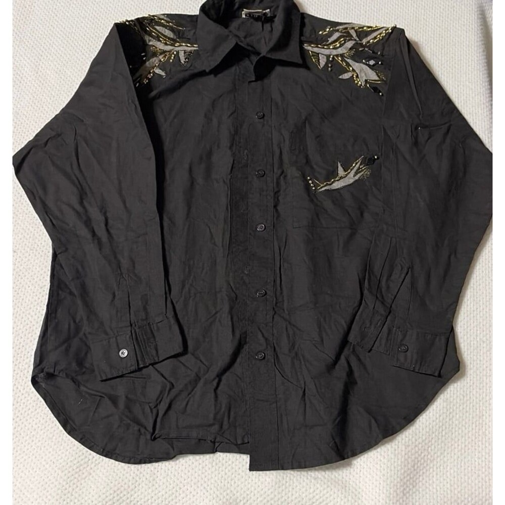 Vintage First Class Black Embroidered Crane Shirt 100% Cotton Made in India Sz M